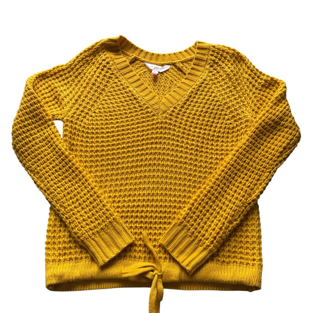 NWOT  Mustard Yellow Waffle Knit V-Neck Tie-Front cropped  Sweater Size S